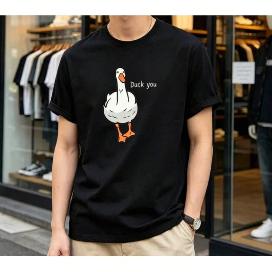 Vintage Fun Duck Cartoon-Muster T-Shirt For Men, Breathable Short-Sleeve Design, Versatile Basic Casual T-Shirt For Year-Round Wear. - 黑色 - 查看 1