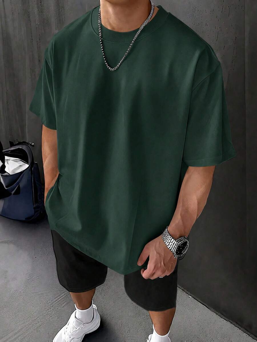Minimal Daily Wear Tee, Oversized Quick Dry 180g Cotton, Breathable Crew Neck Office Top For Men - 綠色 - 查看 1