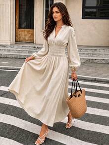 Beige Linen Midi Dress, Women Stand Collar V Neck Lantern Long Sleeve Smocked Waist Flowy A Line Casual Vacation Sundress - Apricot - View 1