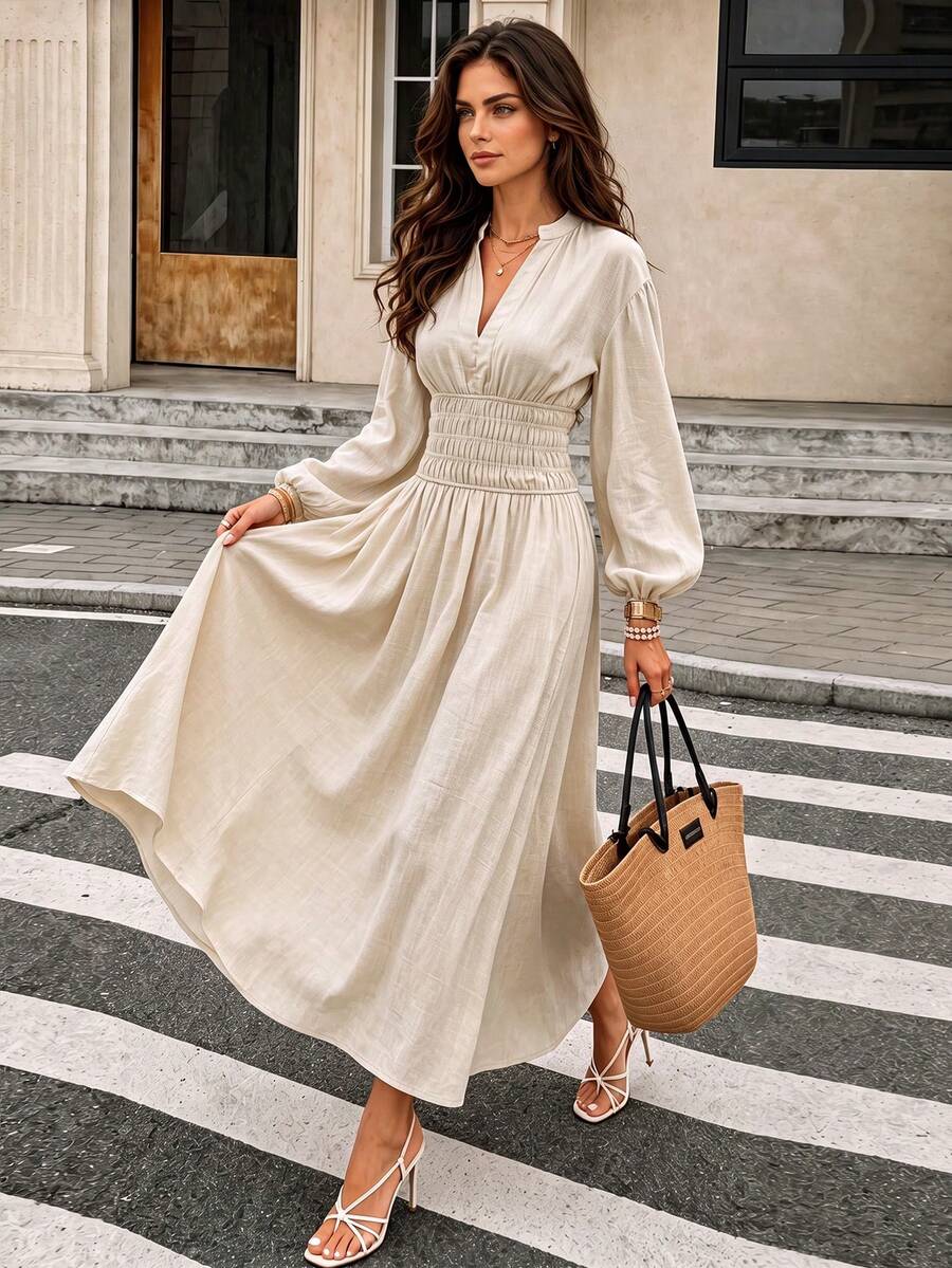 Beige Linen Midi Dress, Women Stand Collar V Neck Lantern Long Sleeve Smocked Waist Flowy A Line Casual Vacation Sundress - Apricot - View 1