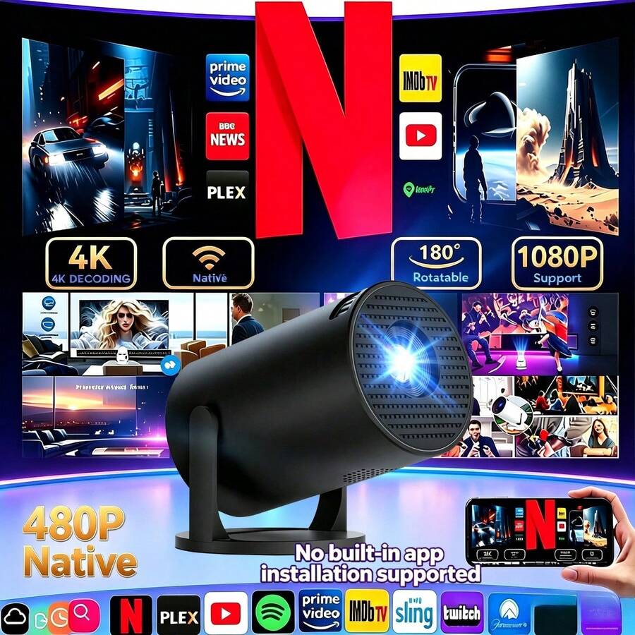 1pc HD Smart Projector, Native 720*480P Resolution, Supports 4K Decoding, Mini Portable Projector, 180° Rotating Adjustment, Internet Connectivity, Compatible With Wireless Connection To Phone/, Indoor/Outdoor Movie Viewing Without Screen