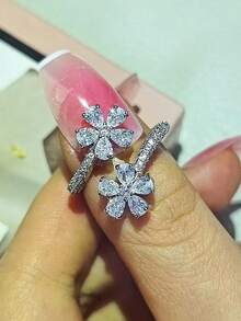 1pc Fashionable Luxury High-End Minimalist Versatile Open Ring With Artificial Zirconia Flower Design, Suitable For Women's Daily Wear - Silver - View 2