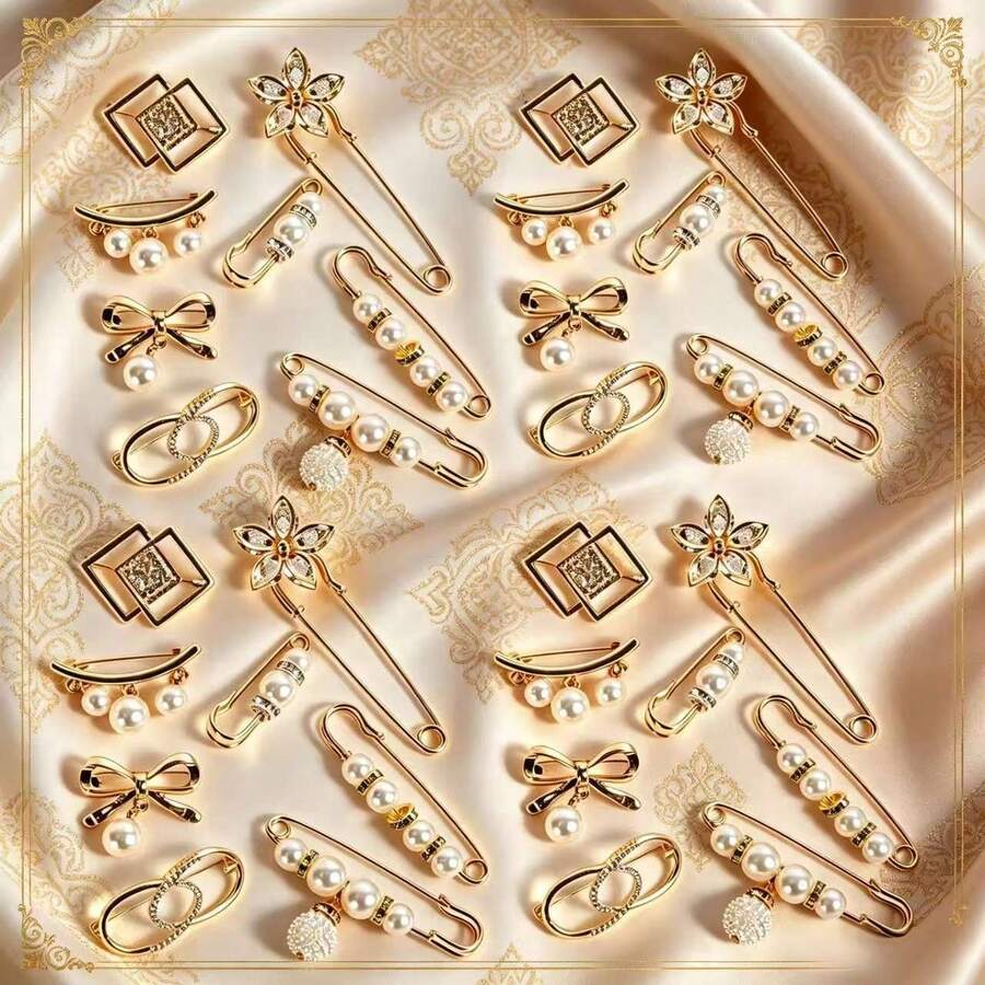 32pcs Muslim Hijab Safety Pins, Faux Pearl Brooches, Suitable For Scarves And Shawls