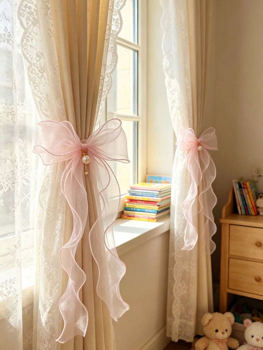 2pcs Pink Silky Bow Curtain Tiebacks, French Soft Lace Satin Ribbon Curtain Tie Ropes, Suitable For Curtains, Weddings, Nurseries, Birthday Party Decor, Baby Rooms - Pink - View 1