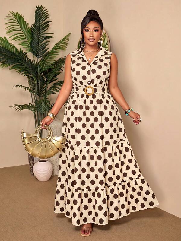 BIUBIU Gaun Maxi Polkadot Afrika Ukuran Plus Elegan untuk Wanita Tanpa Lengan, Berkerah, Berikat Pinggang, Detail Kancing, Hem Panjang, Gaya Gaun Musim Panas yang Chic