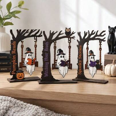 1PC Black Halloween Tree With Ghost On Swing, Halloween Tree Decoration, Spooky Tree, Halloween Tabletop Decor, Cute Halloween Decoration, Cute Ghost Decoration