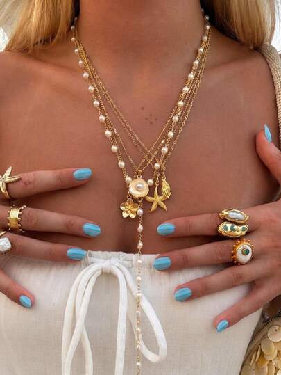 5pcs Vacation Style Casual Fashion Bohemian Starfish Shell Conch Flower Faux Pearl Y-Shaped Chain Multi-Layer Stacked Necklace Set For Women Daily Party Vacation Travel Wear Gift For Girlfriend Mom
