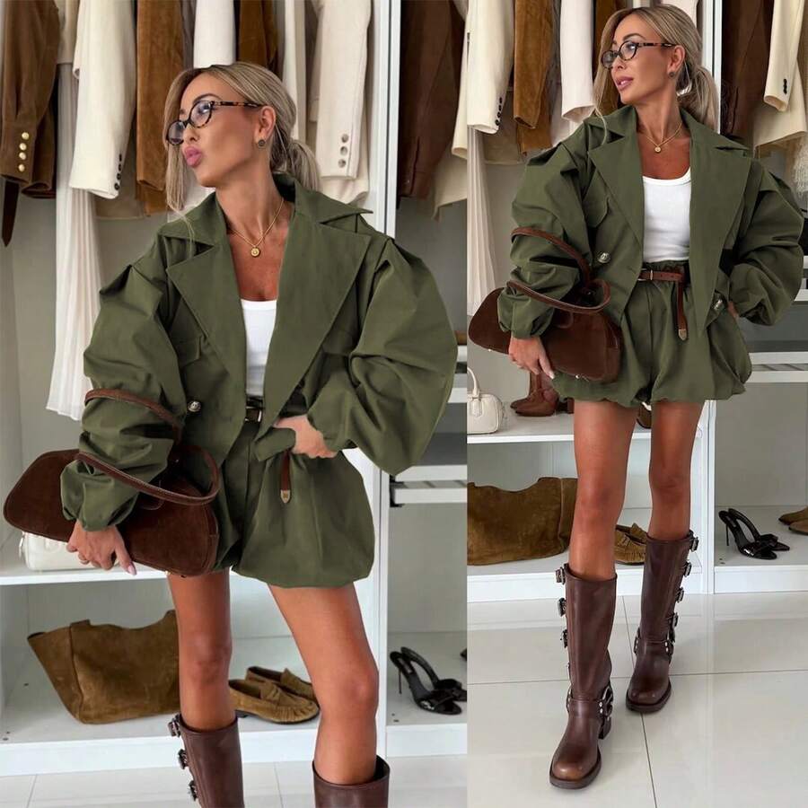 Women's Solid Color Spring/Autumn New Jacket Two Pieces Set (Jacket + Pants, Excluding Belt Accessories) Elegant Summer - Army Green - View 1