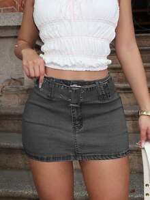 A-Line Casual Denim Mini Skirt With Belt Loops, Versatile For Summer - Grey - View 5