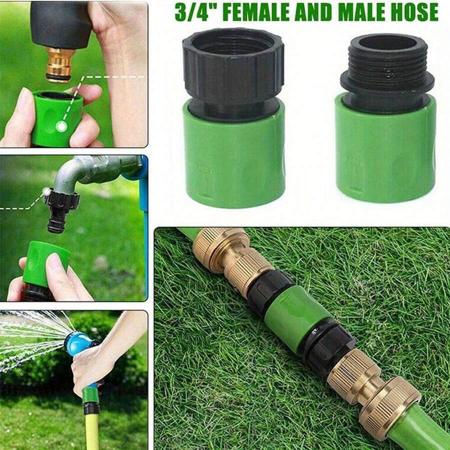 Set Konektor Cepat Selang Taman 3/4 Inci (2 buah), Konektor Pria & Wanita Plastik Hijau, Katup Pengontrol Aliran Air yang Dapat Diatur, Nosel Penyiram Tanaman & Rumput, Perlengkapan Irigasi Taman yang Praktis - A - View 1