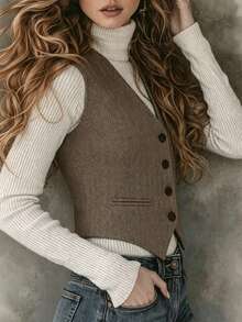 Women's Brown Herringbone Tweed Sleeveless V-Neck Vest Top, Versatile For Autumn/Winter, Suitable For Daily Wear - Brown - View 4