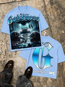 Alien UFO Double Sided Graphic T-Shirt, Oversized Streetwear Summer Casual Top For Men, 4th Of July Outfit Men - 淺藍色 - 查看 15