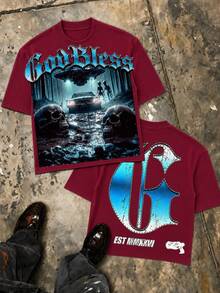 UFO Alien Double Sided Print Graphic Tee, Oversized Y2K Street Style Summer Outfit For Men, Independence Day - 勃根地色 - 查看 12