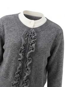 Cardigan Sweater Wanita Gaya Korea INS Leher Bulat Rajutan Kabel Desain Plaket 2 In 1 Atasan Kasual Serbaguna Musim Gugur/Musim Dingin - Grey - View 8