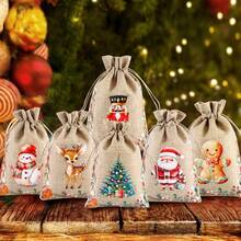 1/6/12/24pcs Festive Christmas Jute Burlap Gift Bags With Drawstring Closure - Watercolor Santa, Snowman, Nutcracker, Gingerbread For Man & Reindeer Designs, Rustic Linen Fabric For Holiday Party Favors, Treat Bags, Jewelry Storage & Xmas Decorations - Multicolor - View 1