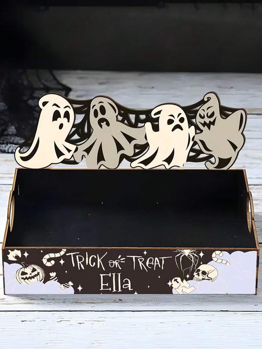 Halloween Wooden Storage Box Decoration, Ghost Pattern Design, Suitable For Halloween, Surprise Party Decoration, Desktop Arrangement, Desktop Ornament, Trick Or Treat Activity, Home Decor, Storage And Holiday Gift - One Size Fits All - View 1