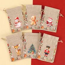 1/6/12/24pcs Festive Christmas Jute Burlap Gift Bags With Drawstring Closure - Watercolor Santa, Snowman, Nutcracker, Gingerbread For Man & Reindeer Designs, Rustic Linen Fabric For Holiday Party Favors, Treat Bags, Jewelry Storage & Xmas Decorations - Multicolor - View 9