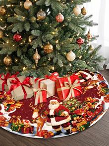 1pc Red Christmas Tree Skirt With Santa Claus & Reindeer & Christmas Tree & Gift Boxes Pattern, Drawstring Closure, Circular Fit For Christmas Tree Decoration, Holiday Party Decoration, Merry Christmas Decoration, Xmas Decoration, Winter Home Decor - Type a - View 4