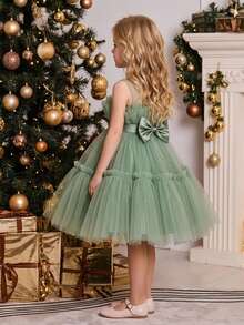 Young Girls Bowknot Puff Tulle Princess Fancy Dress Suitable For Party And Gathering, Headband Not Included - Green - View 2