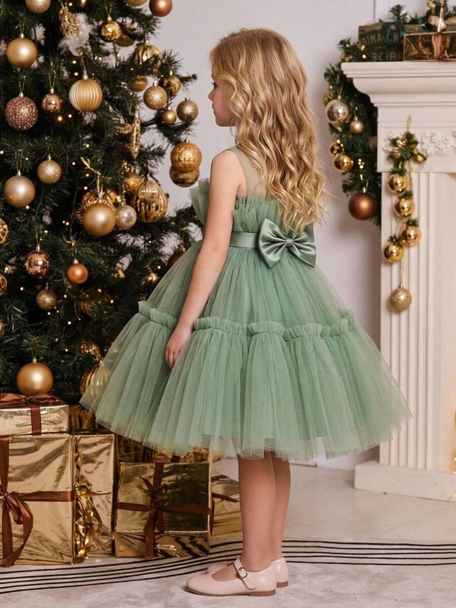 Young Girls Bowknot Puff Tulle Princess Fancy Dress Suitable For Party And Gathering, Headband Not Included - Green - View 1