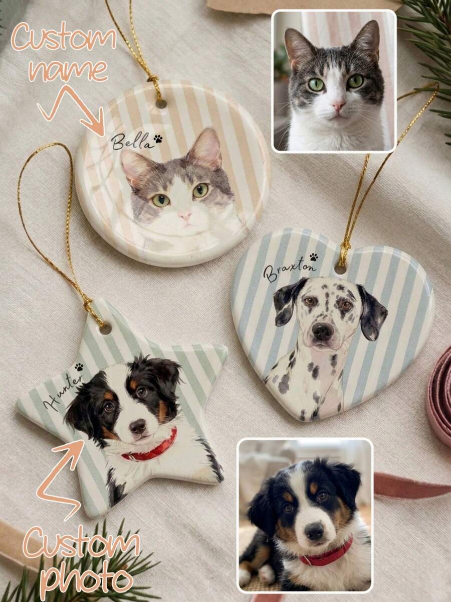 Photo + Name Customized Pet Memorial Ornament - Striped Dog And Cat Ornament, Personalized Pet Memorial Gift, Dog Christmas Ornament, Pet Memorial Gift - Multicolor - View 1