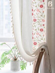 Bubaba Boho Floral Embroidered Sheer Curtain Panels With Tassel Trim, Linen-Look Semi-Sheer Window Drapes For Living Room, Bedroom And Farmhouse Home Decor - Beige - View 9