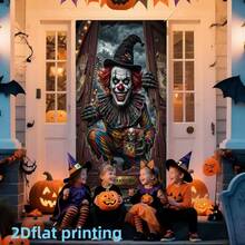 2D Flat Banner 1pc Scary Clown Circus Halloween Decoration Hanging Cloth, Breaking Through Door Thriller Ghost Face Print Door Cover Banner, Suitable For Halloween Theme Party Backdrop, Home Porch Thriller Decoration, Horror Carnival Atmosphere Setup, Polyester Material - A - View 2