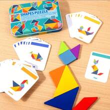 Colorful Wooden Tangram Puzzle - Educational Math & Geometry Toy For Kids, Perfect Halloween, Christmas, And Thanksgiving Gift Portable Iron Box With 60 Cards Included. - Multicolor - View 2