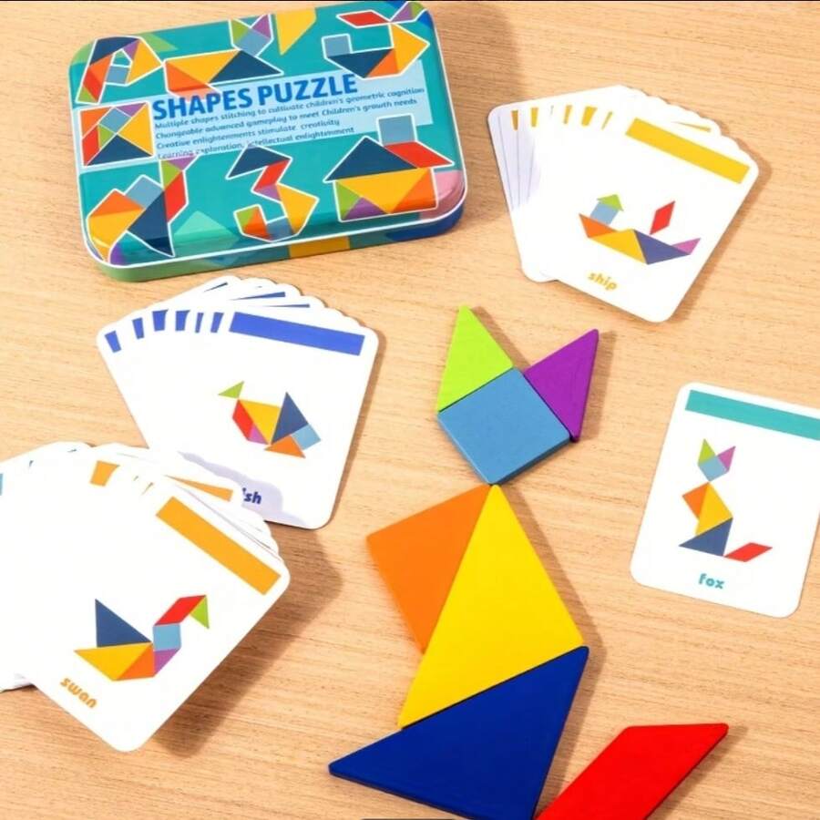Colorful Wooden Tangram Puzzle - Educational Math & Geometry Toy For Kids, Perfect Halloween, Christmas, And Thanksgiving Gift Portable Iron Box With 60 Cards Included.