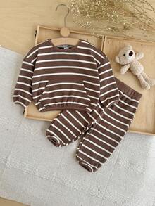 2Pcs/Set Baby Girls Brown & White Striped Waffle Long Sleeve Set, Loose Pocket Top & Cuffed Pants Casual Two Pieces Outfit - Brown - View 3