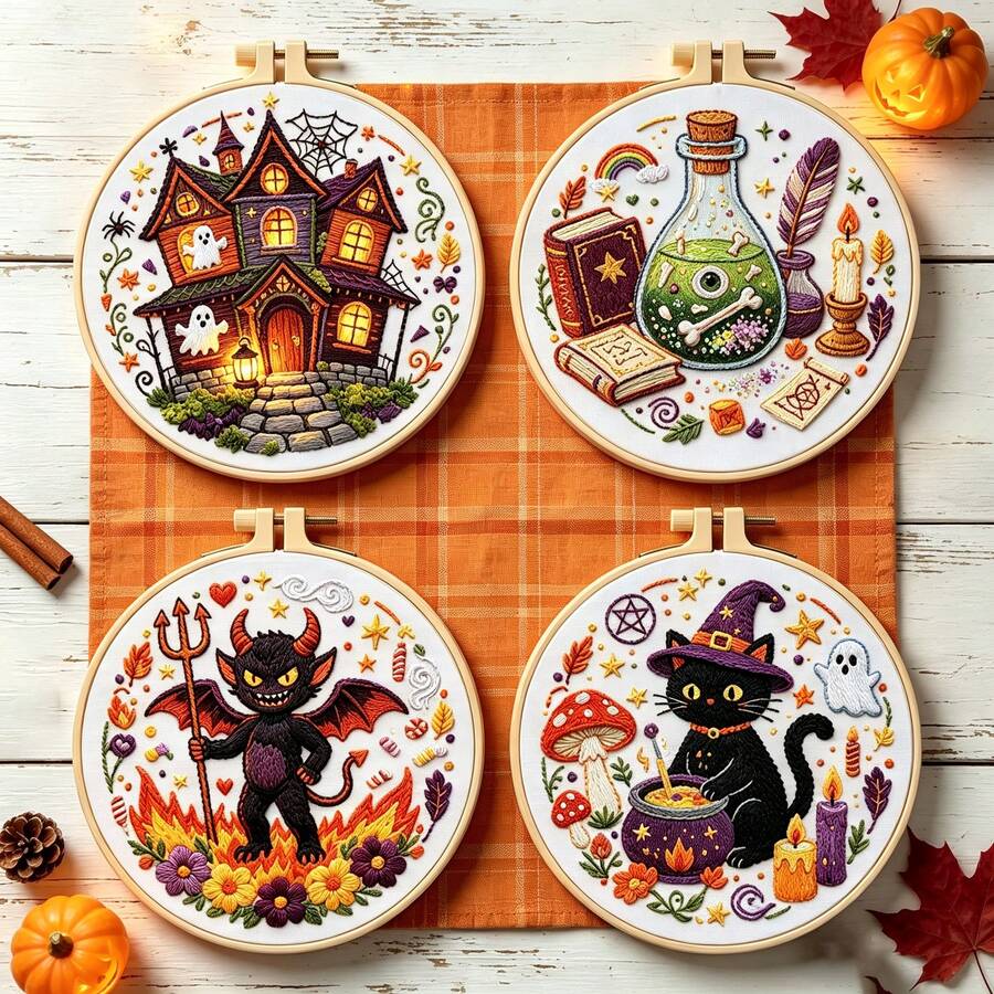 4 styles de kit de broderie 3D vintage fantastique pour Halloween, maison hantée, chat noir, démon, bouteille magique, ensemble de broderie fait main DIY avec cercle, décoration douce pour le salon et le bureau, décoration murale décorative faite maison pour débutants, cadeau créatif pour les fêtes