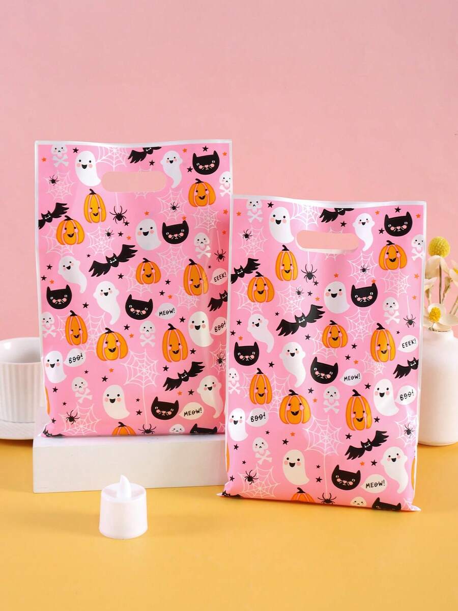 10/20/50pcs Pink Halloween Gift Bags, Cute Ghost Pumpkin Bat Pattern Tote Bags With Handles, Boys Girls Halloween Trick Or Treat Party Favors Party Supplies - Multicolor - View 1