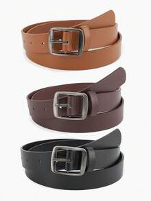 3pcs Gun Black Square Buckle Fashion Decorative Versatile PU Belt Set Suitable For Daily Use - Multicolor - View 6