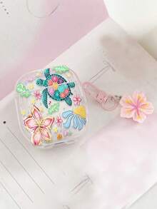 Shockproof Soft Shell Flower Sea Turtle Painted Transparent Additional Bracelet Fashion Bluetooth Earphone Case With Cute Pink Cherry Blossom Keychain For Airpods 4 3 1/2 Pro3 Pro/Pro2 - Multicolor - View 28