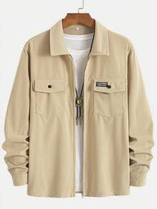 GOLDREDY Spring/Autumn New Men's Corduroy Zipper Shirt Jacket, Vintage Fine Striped Corduroy Double Pocket Patch Logo Loose Lapel Workwear Casual Long Sleeve Shirt Jacket - Khaki - View 3