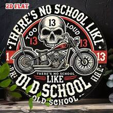 2D Flat Round Iron Sign, Featuring Interesting Graffiti Art 8 Inches. This Vintage Skull Motorcycle Metal Wall Decor Is Perfect For Home, Garage, Restaurant Or Cafe. Pre-Drilled Holes, Style As Shown In Dimension Diagram - Multicolor - View 1