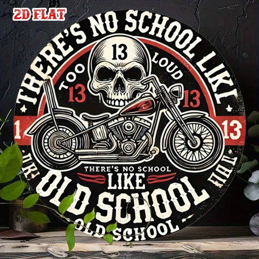 2D Flat Round Iron Sign, Featuring Interesting Graffiti Art 8 Inches. This Vintage Skull Motorcycle Metal Wall Decor Is Perfect For Home, Garage, Restaurant Or Cafe. Pre-Drilled Holes, Style As Shown In Dimension Diagram - Multicolor - View 1
