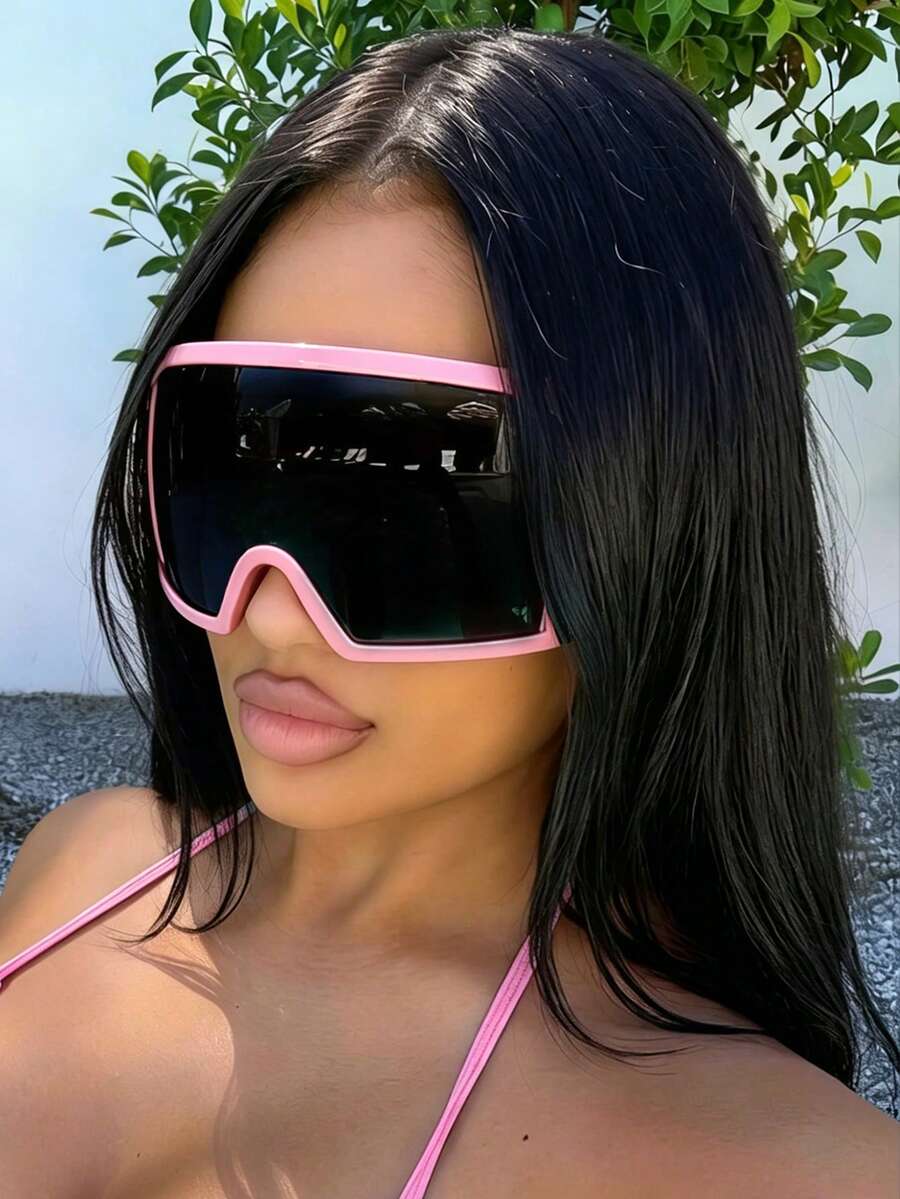 1 buah Kacamata Fashion Gaya Cyberpunk Futuristik dengan Bingkai Ekstra Besar, Kacamata Modis untuk Wanita - Hitam - View 1