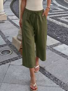 Women's 7/8 Length Wide Leg Pants, Summer New Elastic Waist Drawstring Lightweight Breathable, Slouchy, Loose Casual Pants, Suitable For Daily Wear - Army Green - View 8