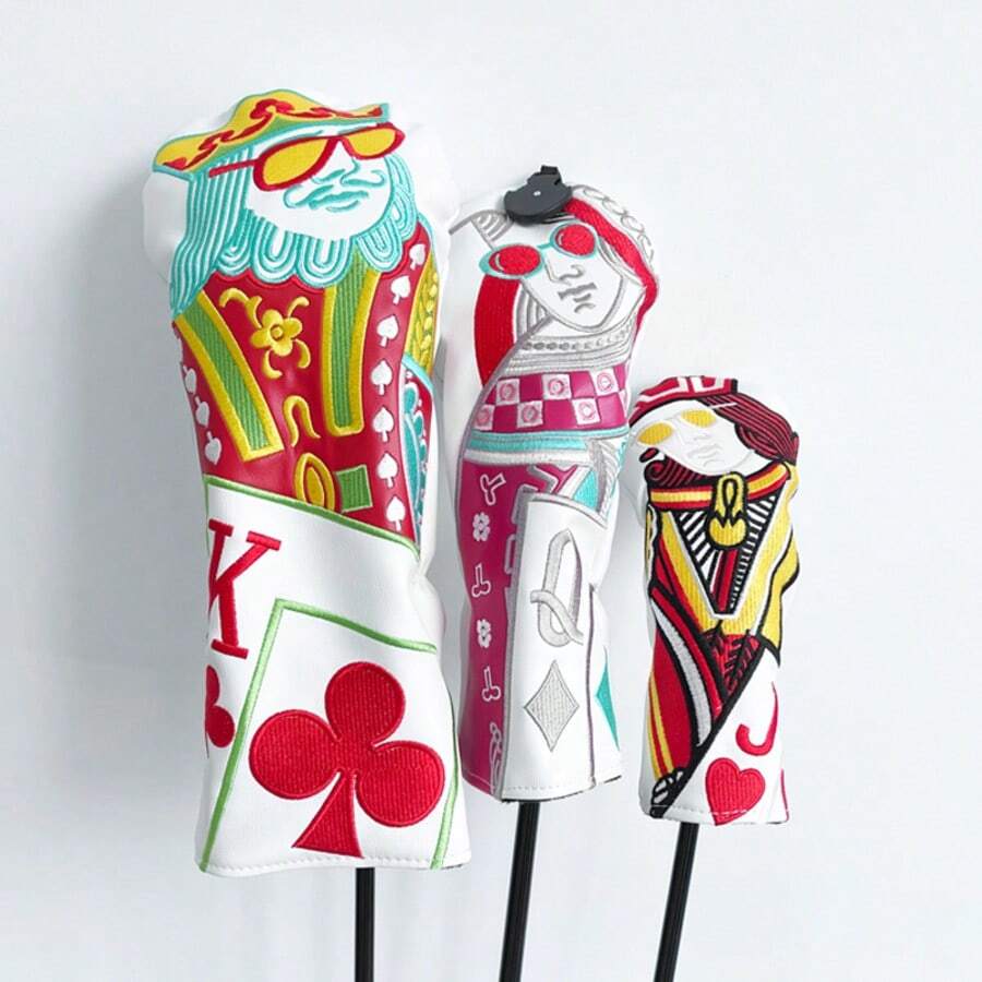 Vibrant Embroidered Golf Club Headcover - PU Material, Colorful Playing Card Design, Protective And Fashionable Accessory, Golf Club | Fashion Headcover | Colorful Embroidery - White - View 1
