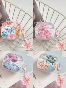 Shockproof Soft Shell Flower Sea Turtle Painted Transparent Additional Bracelet Fashion Bluetooth Earphone Case With Cute Pink Cherry Blossom Keychain For Airpods 4 3 1/2 Pro3 Pro/Pro2 - Multicolor - View 3