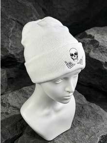 Skeleton Bone Hand Embroidered Cuffed Knit Beanie, Gothic Street Style Warm Winter Hat, Unisex - Multicolor - View 6