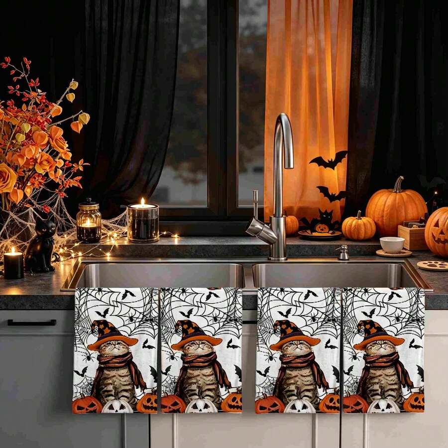 2/4/48pcs Halloween Series Spider Web Witch Cat Pattern Printed Kitchen Towels - Super Soft, Highly Absorbent Polyester Dishcloths And Hand Towels, Perfect For Holiday Decor, Kitchen Decor, Party Decor.