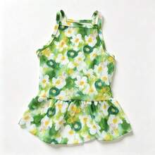 1pc Summer Thin Green Floral Mesh Pet Camisole Dress, Soft Breathable Anti-Shedding, Suitable For Yorkshire Terrier, Chihuahua And Small Dogs Daily Wear - Green - View 2