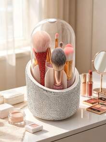 1pc Rhinestone Rotating Makeup Brush Holder Cosmetic Storage Rack Desktop Vanity Organizer Eyeshadow Brush Lipstick Holder Pen Holder, Rotating Dust-Proof Makeup Brush Storage Box Cosmetic Organizer Lipstick Eyeshadow Storage Rack Desktop Pen Holder - Silver - View 6