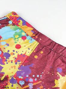Setelan Wanita Ukuran Besar 2 Potong Motif Acak, Kaos Lengan Pendek dan Celana Pendek, Pakaian Kasual untuk Liburan Musim Panas yang Elegan - Burgundy - View 7