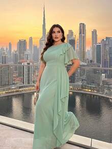 Plus Size Women's New Elegant Ruffle Patchwork Design Slimming Luxury Dress Summer - Mint Green - View 2