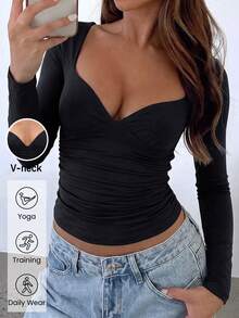 NOIRLYN Top Corto de Manga Larga con Cuello Corazón Sexy y Dulce para Mujer, Estilo Y2K de Otoño, Ajuste Elástico y Ceñido, Camiseta Básica de unicolor Negro - Negro - Ver 3