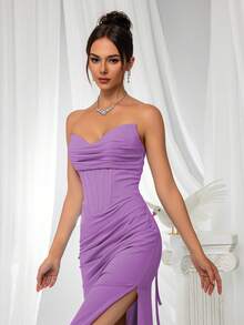 VIPGIRL 優雅女款無肩帶長版正式禮服，開衩設計，露背剪裁，適合舞會與晚宴派對 - 紫色 - 查看 5