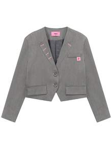 Chuu 1 pieza Chaqueta Blazer de tela tejida con patchwork de unicolor, Primavera/Otoño - Gris - Ver 9
